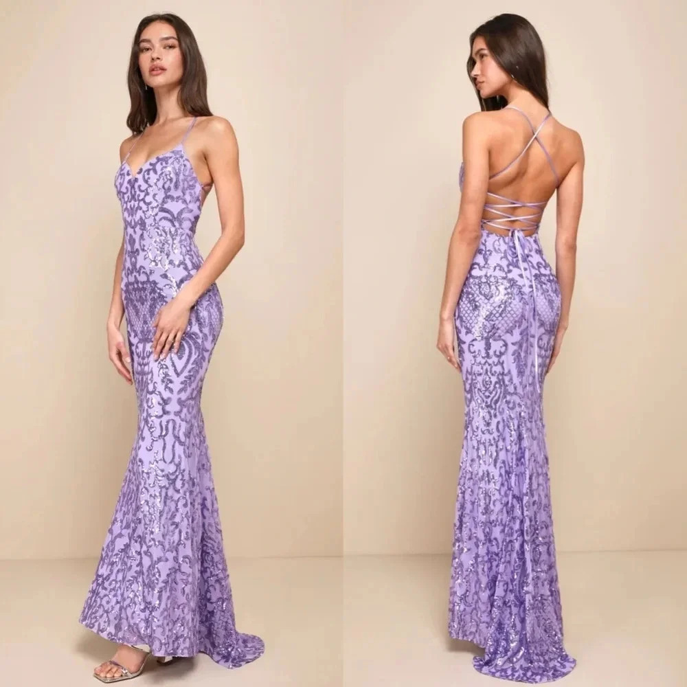 Lulus Limitless Glamour Lavender Sequin Lace-Up Maxi Dress M Wedding Party Prom